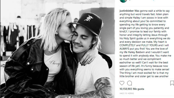 Justin Bieber confirmó en su cuenta de Instagram que se casará con la modelo estadounidense Hailey Baldwin